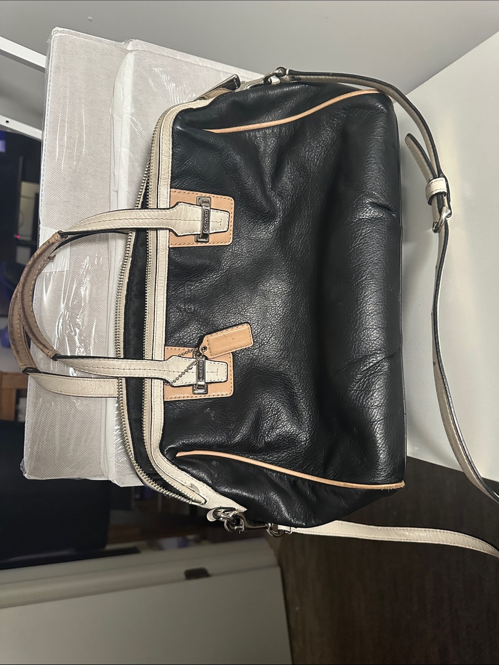 Classic Black Leather Satchel with Contrast Trim